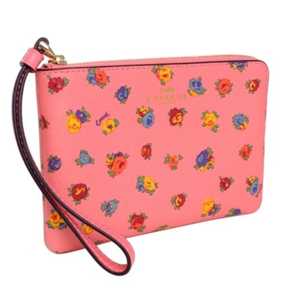 😺COACH Wristlet Corner Zip with Mini Vintage Rose Print in Gold/Pink Lemonade - Picture 4 of 15